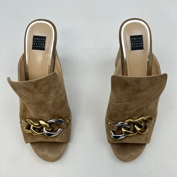 WHBM Suede Heeled Mule with Chain Open Toe Tan Size 9M - Picture 3 of 10